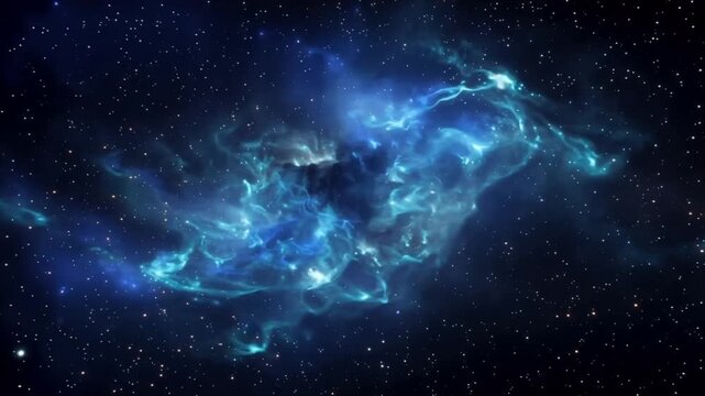 A luminous blue nebula surrounds a dark cosmic center in an immersive cinematic space background.
