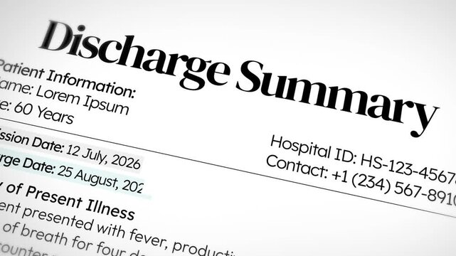 Discharge summary document with template information, admission and discharge dates, 4k animation