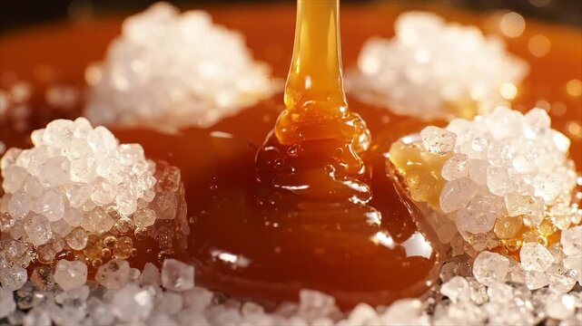 Golden caramel flows over sea salt crystals in a rich cinematic macro dessert scene.