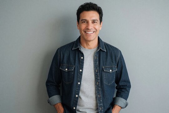Happy middle aged Latin man smiling at camera. Handsome Colombian guy with dark hair wears casual denim shirt, grey t-shirt. Cheerful person stands against simple studio background. Friendly father