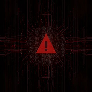 Cybersecurity warning symbol with digital circuit patterns and data streams