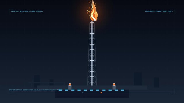Digital graphic interface of industrial gas flare stack burning with live pressure and temperature data monitoring display