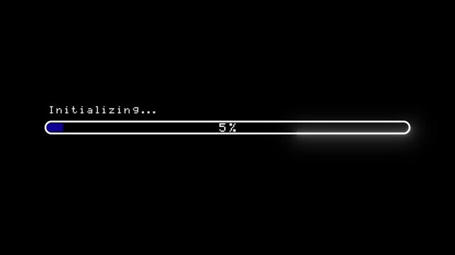 Computer loading bar with glitch effect animation, loading animation, progress bar, waiting spinning, loading concept 0 to 100 percent on black background, 4k resolution