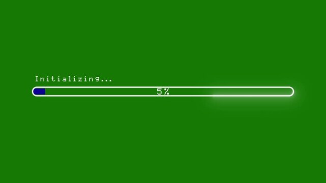 Computer loading bar with glitch effect animation, loading animation, progress bar, waiting spinning, loading concept 0 to 100 percent on green background, 4k resolution