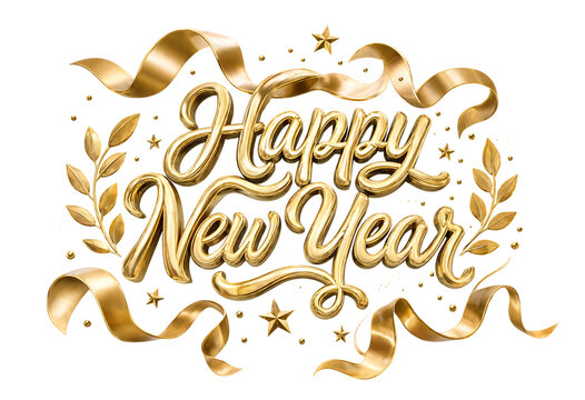 Elegant golden New Year celebration graphic design with ribbons and stars transparent background