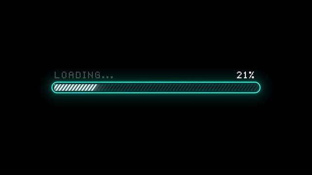 Retro pixel processing, downloading, loading, progress bar with glitch effect isolated on black background, progress bar interface retro arcade 0 to 100 percent, 4k resolution