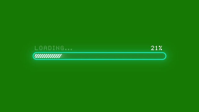 Retro pixel processing, downloading, loading, progress bar with glitch effect isolated on green background, progress bar interface retro arcade 0 to 100 percent, 4k resolution