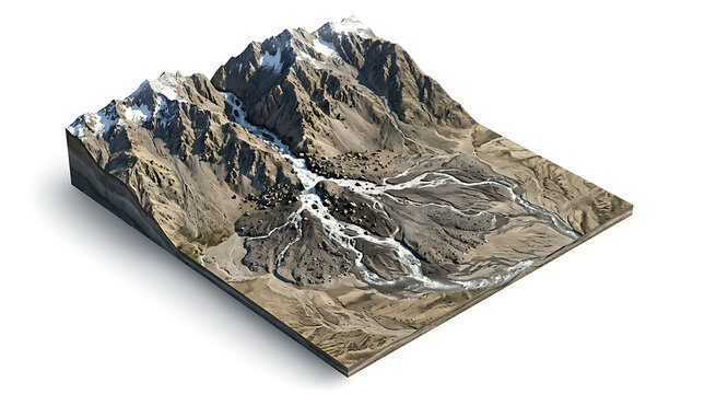 3D isometric map of mountain range with snow peaks and river valleys isolated