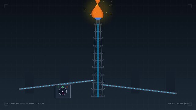 Flat design animation showing industrial gas flare stack monitoring at a refinery facility with active flame and data indicators