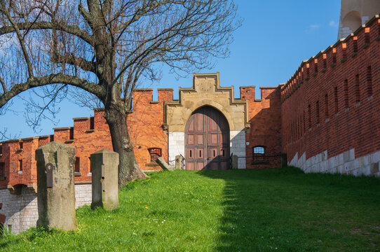 Fragment of wall of Wawel Royal Castle, battlements, fortified architecture. Krak&oacute;w, Poland.