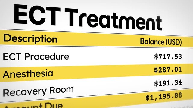 Ect treatment cost breakdown with procedure, anesthesia, recovery room charges and total amount due in usd, 4k animation.