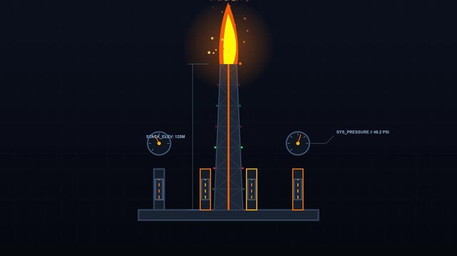 Industrial gas flare infographic animation with pressure gauges and stack elevation data for energy production monitoring