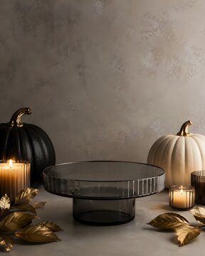 Empty glass cake stand on a table decorated for halloween with pumpkins and glowing candles