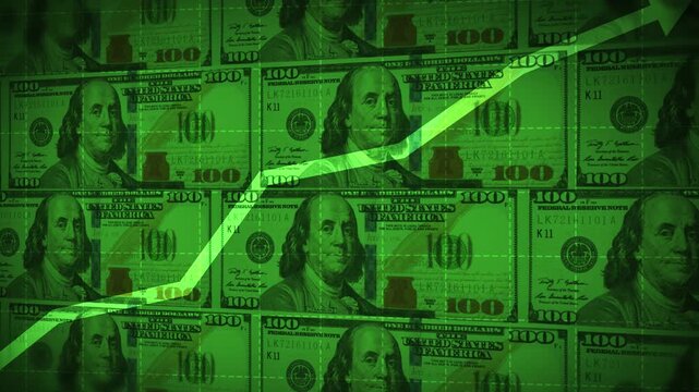 Green upward trending line on hundred dollar bills background symbolizing financial growth and economic success 4k animation video.