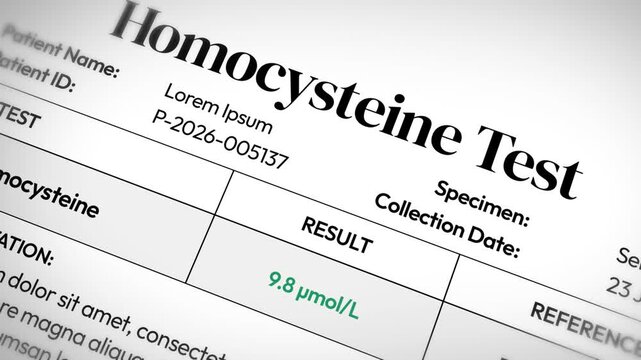 Homocysteine test result form with patient id and test details for medical analysis and diagnostics, 4k