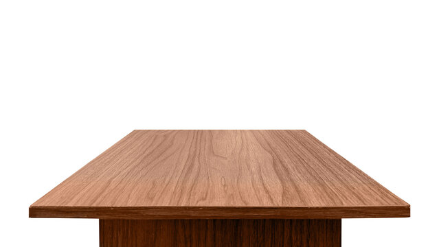 Empty wooden table top perspective view isolated on white background, dark brown wood board counter for product display, food advertisement mockup, kitchen workspace, interior design backdrop.
