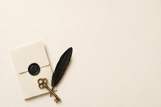 Vintage envelope with black wax seal ornate key feather pen for halloween greeting card halloween greeting envelope invitation mysterious calligraphy stationery creative background