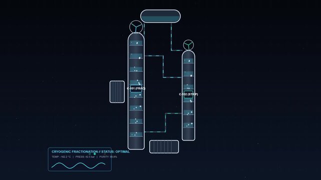 Animated industrial vector graphic showing a cryogenic fractionation process with real-time digital data and technical indicators