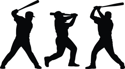 Baseball batters silhouettes vector set featuring players swinging bats hitting home run training match tournament action poses © Olivia