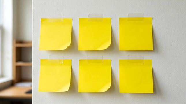 Six blank yellow sticky notes taped to a white wall in an office. Ideal for brainstorming and task management concepts.