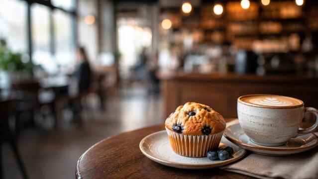 Coffee and blueberry muffin on table in cafe