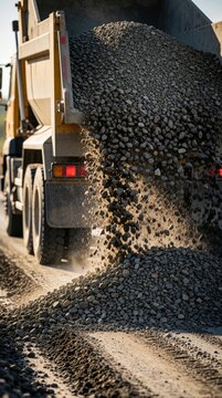 Dump truck unloads crushed stones on road construction site. Coarse aggregate spills onto ground creating pile. Heavy vehicle moves earth and rocks for building.