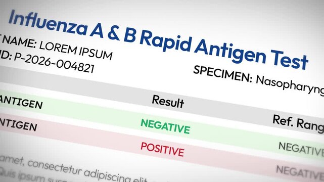 Influenza A and B rapid antigen test results, nasopharyngeal specimen, positive and negative outcomes detailed report, 4k animation.