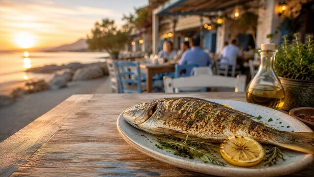 Grilled fish served at seaside restaurant at sunset