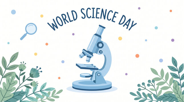 World science day celebration background featuring a watercolor microscope illustration surrounded by decorative green leaves and small scientific icons on a white backdrop