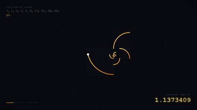 Golden Fibonacci Spiral motion graphic showing mathematical construction. Glowing gold arc draws through blue squares on blueprint grid with data sequence and golden ratio readout