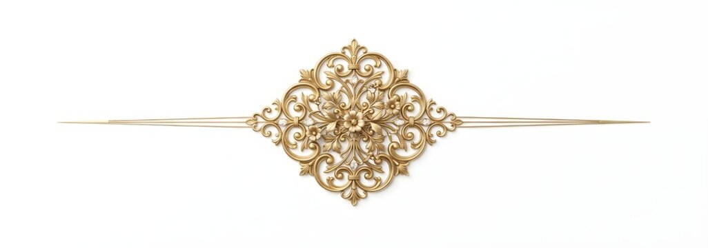 Elegant gold ornate decorative frame element with intricate filigree patterns isolated on a white background