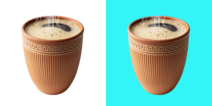 Ancient ceramic cups with frothy beverage steam rising