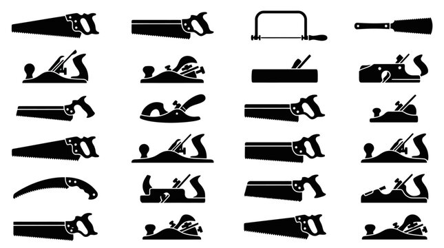 Woodworking hand tools vector icon set, saws, wood planers, carpentry and construction equipment black glyph icons collection