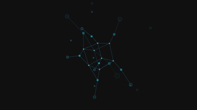Geometric network structure animation with connected dots and lines in dark space motion.