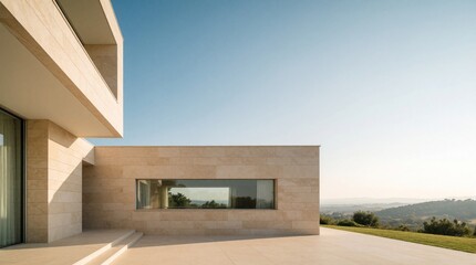 Obraz premium Modern beige stone house exterior with geometric design, panoramic countryside view. Sunny day bright building features clean lines, large windows. Luxury residential villa sits on hilltop location