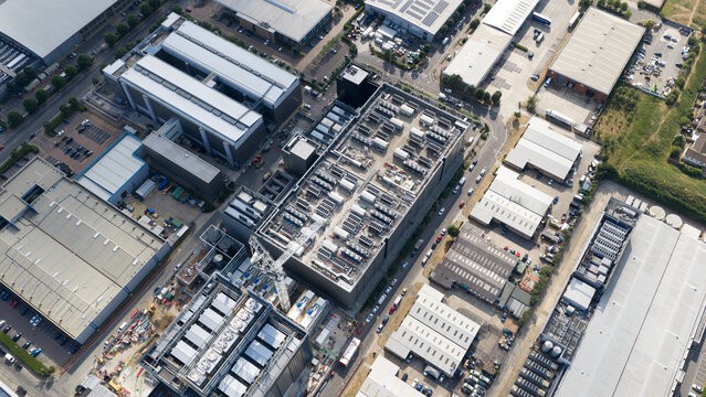 Aerial view of HVAC Cooling Systems on Modern Hyperscale Data Center