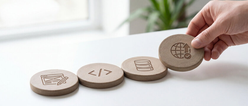 Hand placing a wooden disc with a web deployment icon, representing the final stage of a software development process