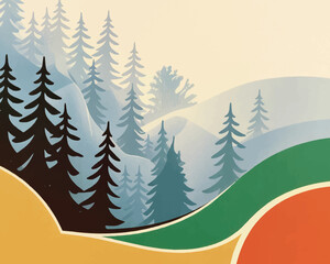 Obraz premium Stylized forest landscape with rolling hills and fog.
