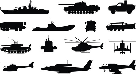Military vehicles silhouettes vector set featuring army tanks warships helicopters fighter jets armored trucks transport combat weapon machinery © Olivia