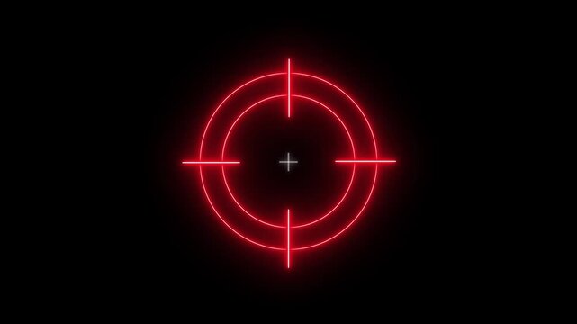 Glowing neon light target icon. Military training, Military target icon animation on black background. Motion graphics of target lock