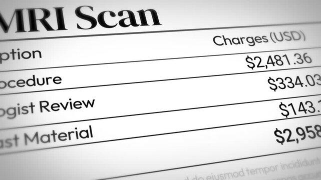 Mri scan cost breakdown with charges in usd for various procedures and materials, highlighting healthcare expenses. 4k animation.
