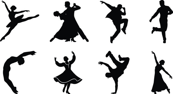 Dance silhouette vector set featuring ballet, ballroom, hip-hop, contemporary, folk, breakdance, and graceful performance poses
