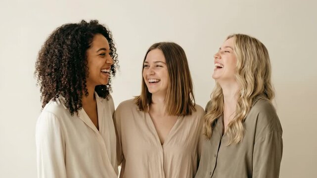Three young women standing close together in studio and laughing with bright smiles, neutral background, warm soft lighting, relaxed body language, diverse features, casual clothing, friendly mood