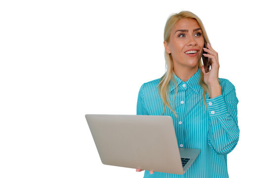 Woman standing and smiling while having a phone call and holding a laptop, working remotely and managing multiple tasks