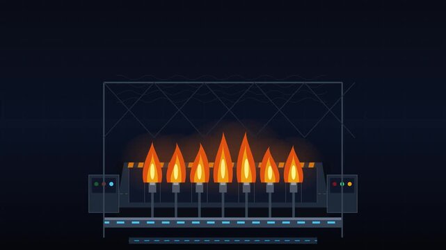 Stylized industrial gas burners with glowing orange flames and control panels in a vector factory animation