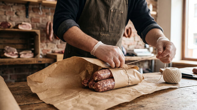 Butcher wrapping sausages in paper