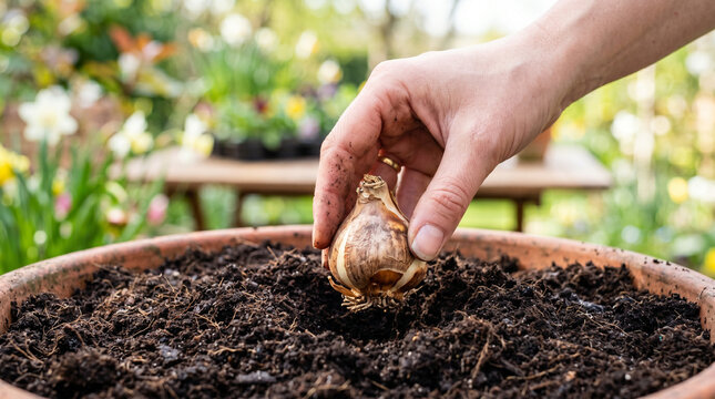 Hand placing dry spring bulbs into dark cold soil in garden pot