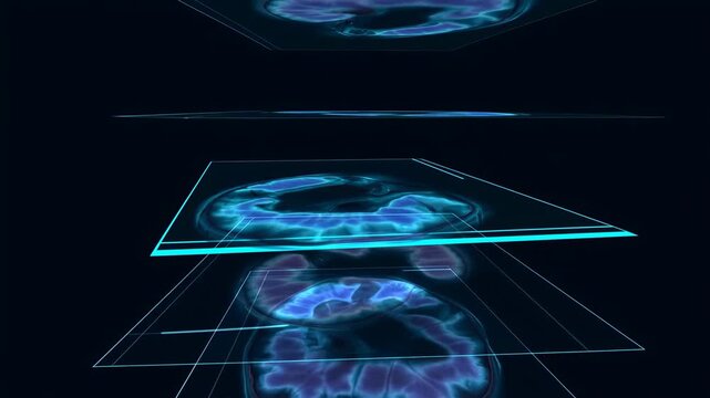 Glowing layered brain cross sections suspended in neon cyan panels with deep perspective, subtle shifting light, clinical futuristic mood, digital medical visualization
