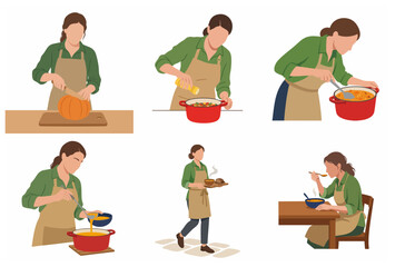 Fototapeta premium Step by step cooking process of a woman preparing and eating homemade pumpkin soup, flat vector illustration