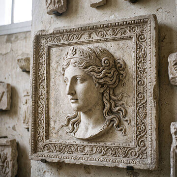 antique style refined bas-relief sculpture in stone of woman's face with decorative border